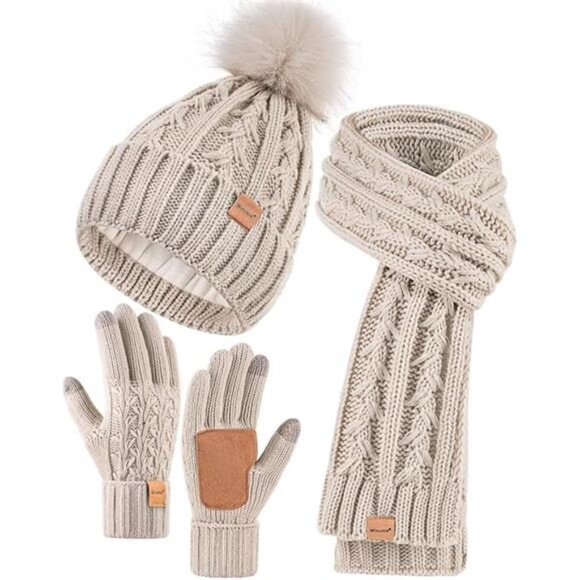 Womens Beanie Hat Scarf Gloves Set, Fleece Lined Winter Hat with Pom Pom, Long - Picture 6 of 6